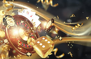 Golden dice flying in front of a roulette wheel.