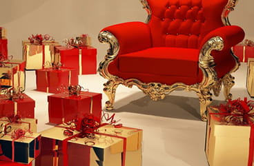 A throne standing near golden presents.